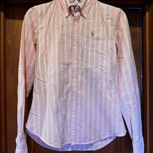 Ralph Lauren Women's Pink and White Striped Button Down Shirt